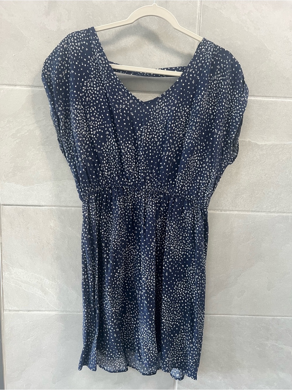 Pink Rose Navy Blue & White Polka Dot V-Neck Dress